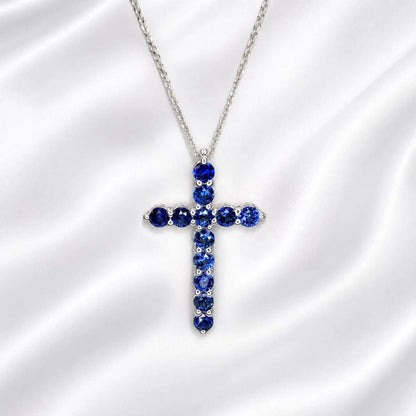Cross Necklace / Round Blue sapphire Necklace / Pendants / 14k White Gold