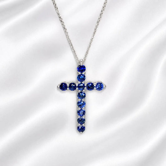 Cross Necklace / Round Blue sapphire Necklace / Pendants / 14k White Gold