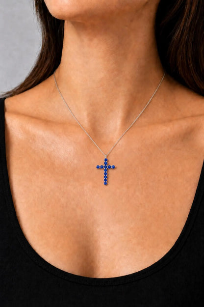 Cross Necklace / Round Blue sapphire Necklace / Pendants / 14k White Gold