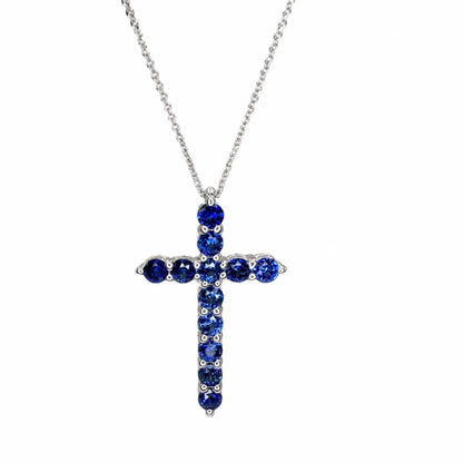 Cross Necklace / Round Blue sapphire Necklace / Pendants / 14k White Gold