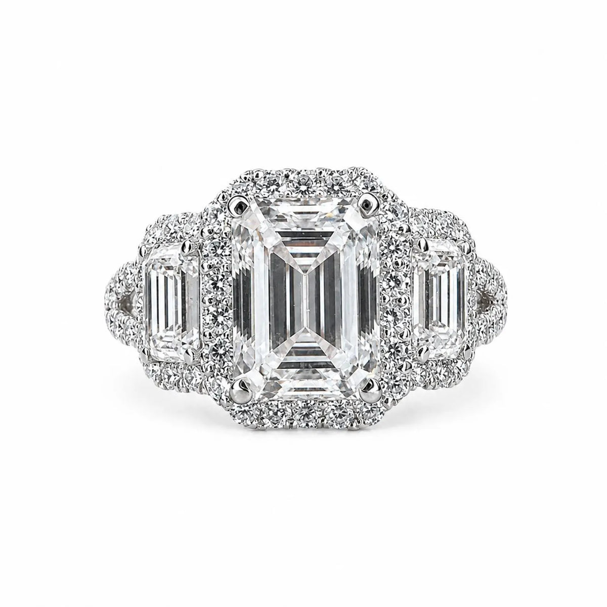 Emerald cut moissanite engagement ring 14K white gold, three stone moissanite wedding ring, Unique vintage style halo engagement ring, #7514
