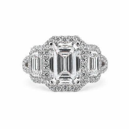 Emerald cut moissanite engagement ring 14K white gold, three stone moissanite wedding ring, Unique vintage style halo engagement ring, #7514