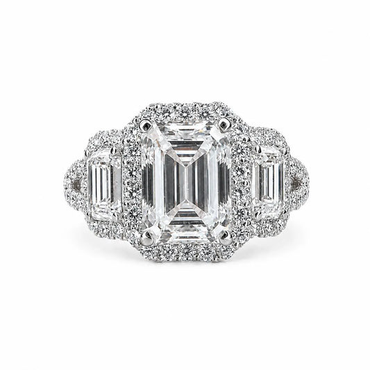 Emerald cut moissanite engagement ring 14K white gold, three stone moissanite wedding ring, Unique vintage style halo engagement ring, #7514