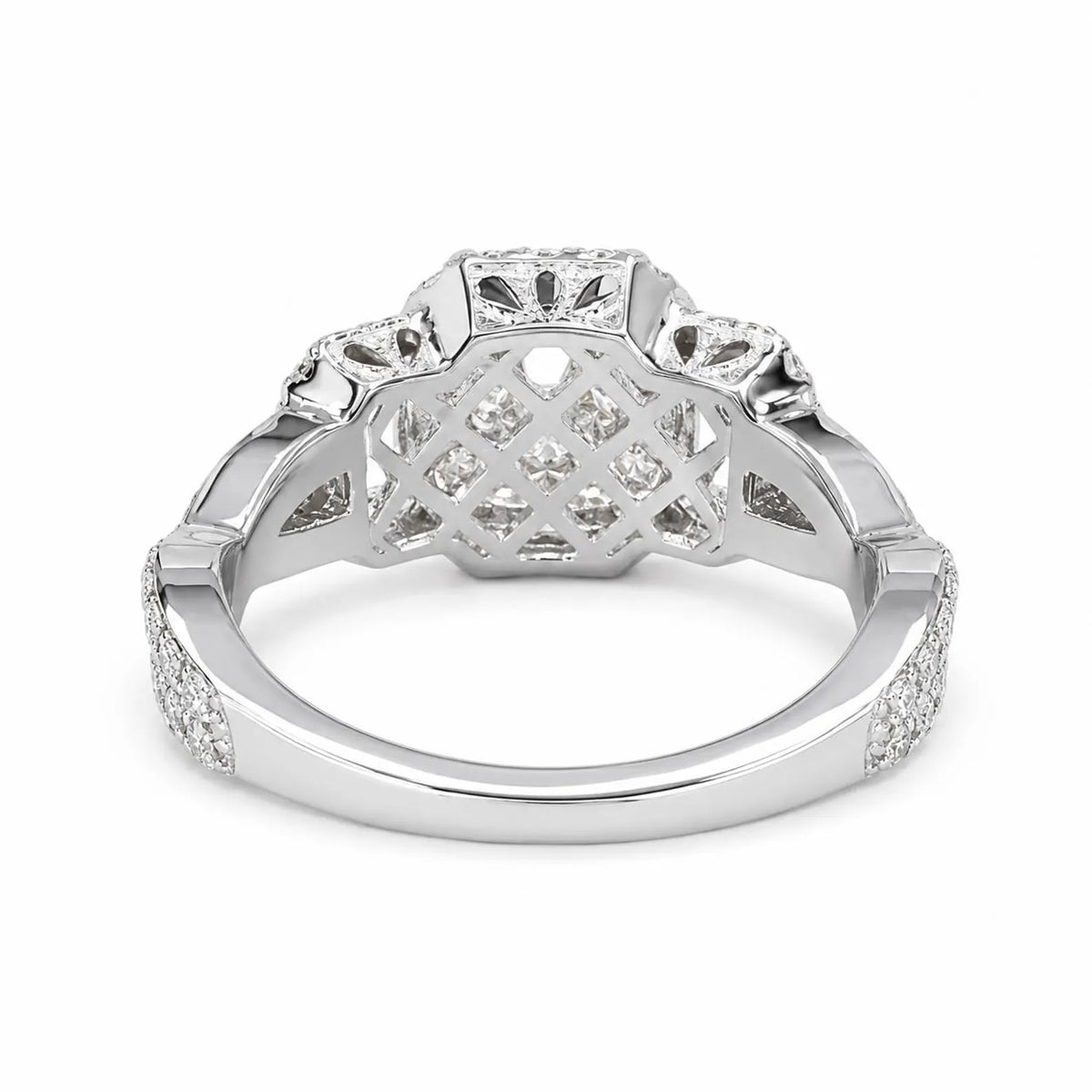 Emerald cut moissanite engagement ring 14K white gold, three stone moissanite wedding ring, Unique vintage style halo engagement ring, #7514