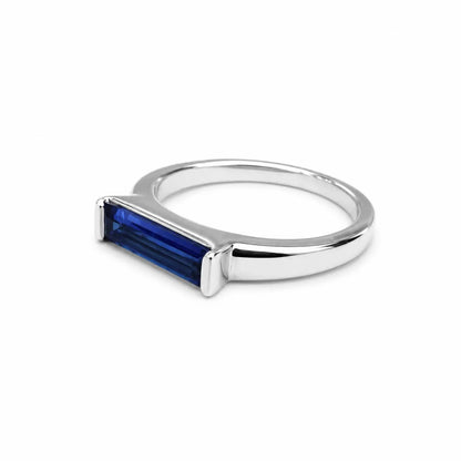 Elongated Baguette Shaped  Blue Sapphire Stackable Ring White Gold, September Birthstone Stacking Gold Ring, Bezel Set Stacking Ring   #7459
