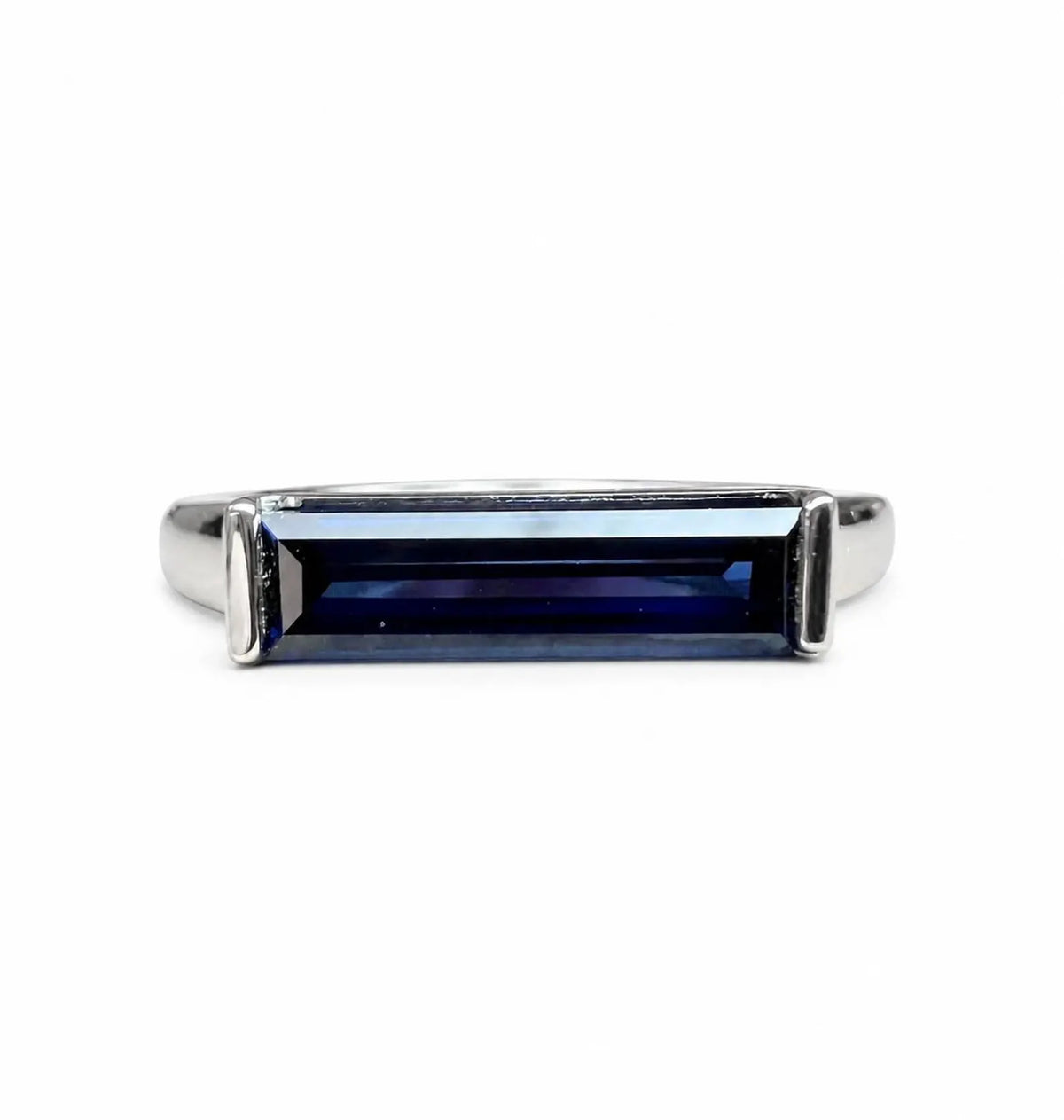 Elongated Baguette Shaped  Blue Sapphire Stackable Ring White Gold, September Birthstone Stacking Gold Ring, Bezel Set Stacking Ring   #7459