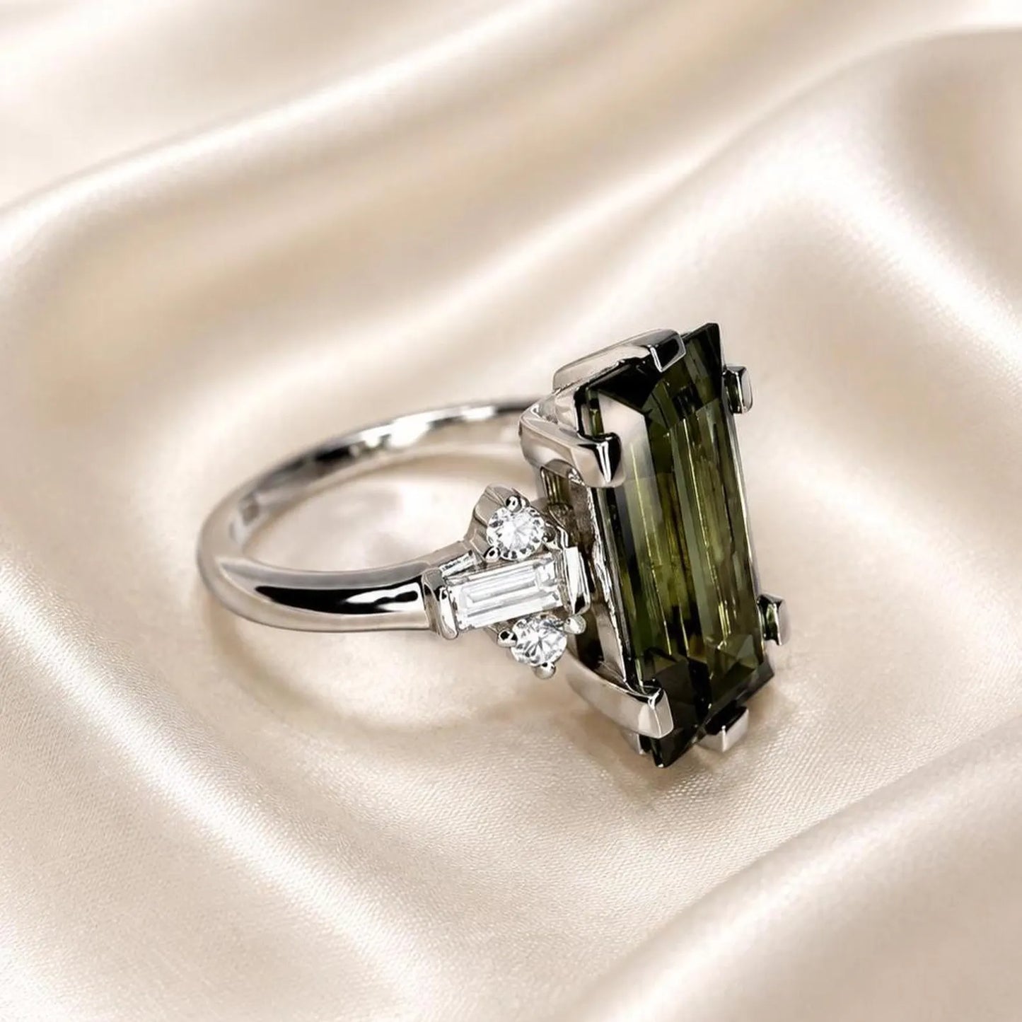 5.50 Carats Elongated Emerald Cut Olive Green Sapphire Engagement Ring 14K Gold, Birthstone Ladies Ring, Blue Sapphire, Ruby Emerald #9011