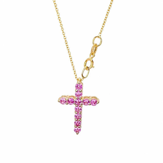 Cross Necklace With Sapphire Stones For Girls, Pink Sapphire Cross Necklace 14K Solid Gold, Pink Sapphire Cross Pendant Gift for Girls