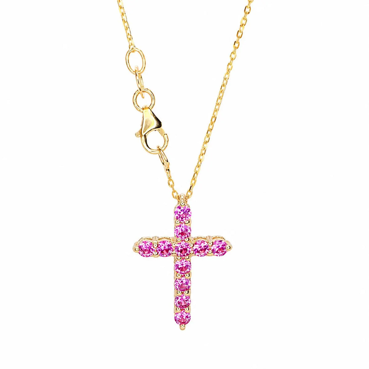 Cross Necklace With Sapphire Stones For Girls, Pink Sapphire Cross Necklace 14K Solid Gold, Pink Sapphire Cross Pendant Gift for Girls