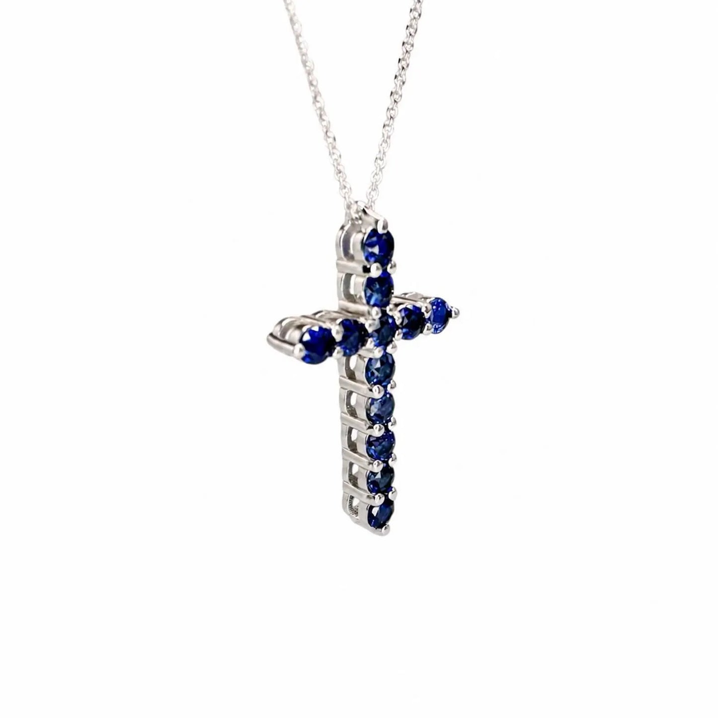 Cross Necklace / Round Blue sapphire Necklace / Pendants / 14k White Gold