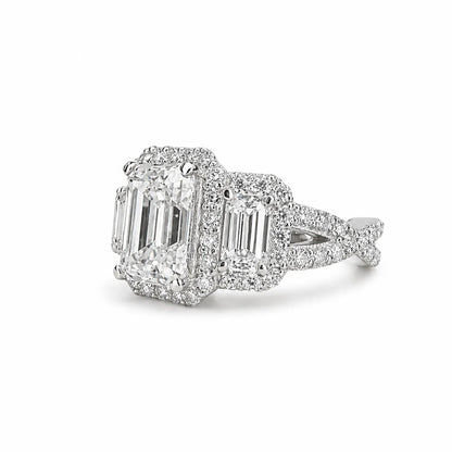 Emerald cut moissanite engagement ring 14K white gold, three stone moissanite wedding ring, Unique vintage style halo engagement ring, #7514