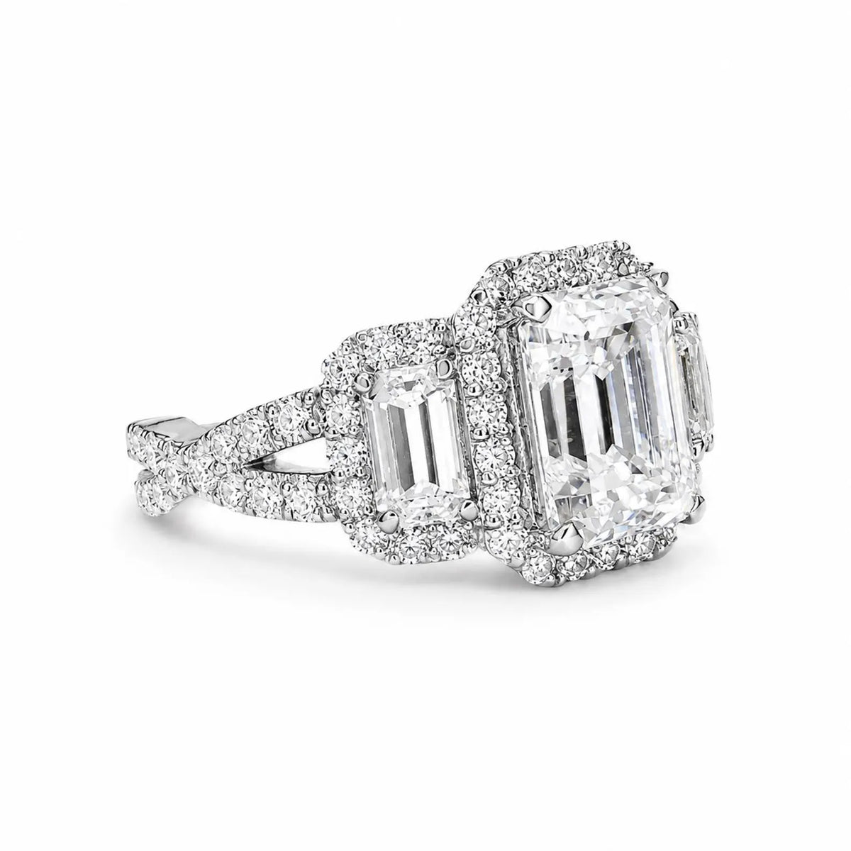 Emerald cut moissanite engagement ring 14K white gold, three stone moissanite wedding ring, Unique vintage style halo engagement ring, #7514