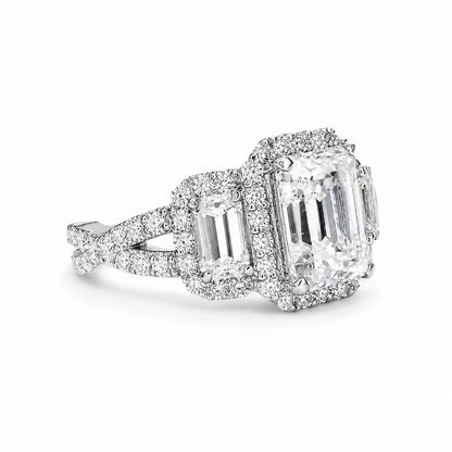 Emerald cut moissanite engagement ring 14K white gold, three stone moissanite wedding ring, Unique vintage style halo engagement ring, #7514