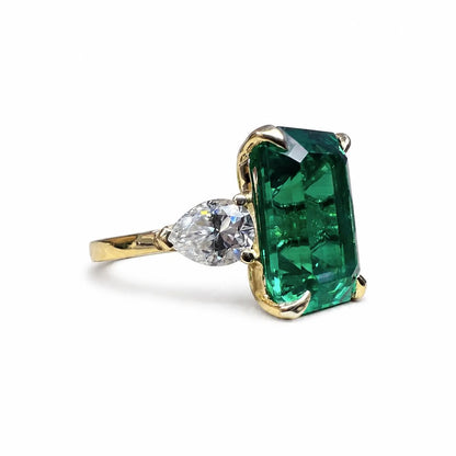 Emerald Cut Emerald Engagement Ring  Vintage Yellow Gold Ring Unique Pear Shape Moissanite Engagement Ring Bridal Anniversary Gift  #7370