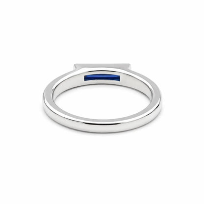 Elongated Baguette Shaped  Blue Sapphire Stackable Ring White Gold, September Birthstone Stacking Gold Ring, Bezel Set Stacking Ring   #7459