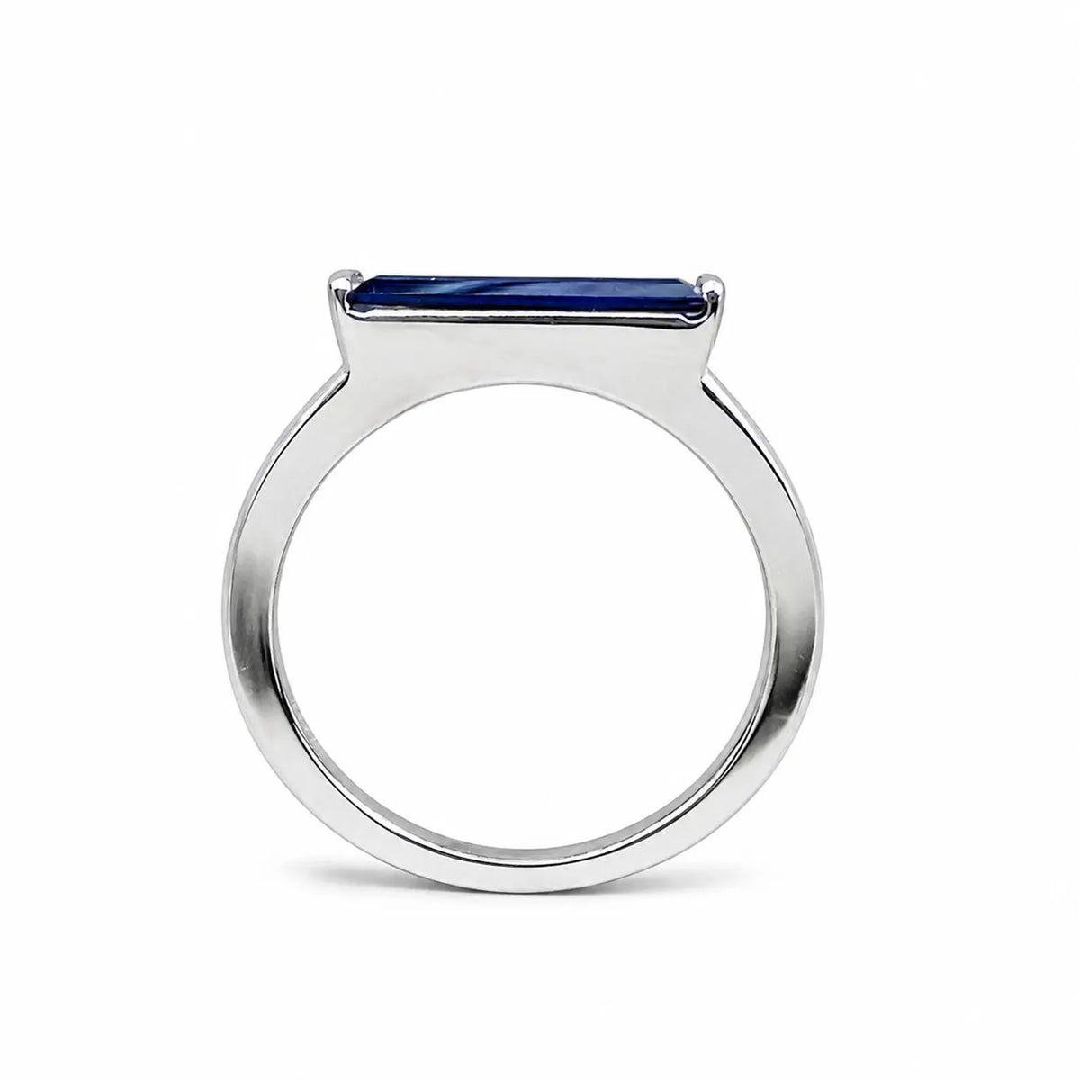 Elongated Baguette Shaped  Blue Sapphire Stackable Ring White Gold, September Birthstone Stacking Gold Ring, Bezel Set Stacking Ring   #7459