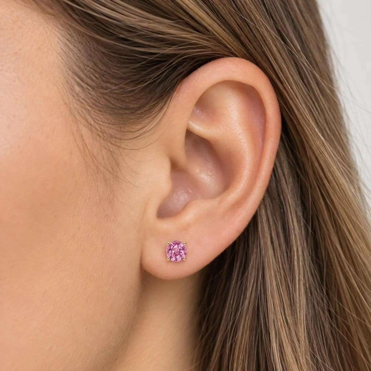 Pink Sapphire Earrings, Round Brilliant Stud Earrings,  1.00ctw. Earrings, Birthstone Earrings, 14K White Gold,  #6435