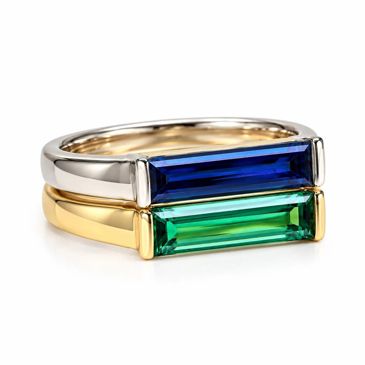 Elongated Baguette Shaped  Blue Sapphire Stackable Ring White Gold, September Birthstone Stacking Gold Ring, Bezel Set Stacking Ring   #7459