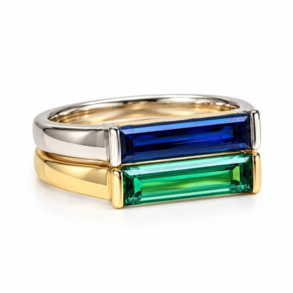 Elongated Baguette Shaped  Blue Sapphire Stackable Ring White Gold, September Birthstone Stacking Gold Ring, Bezel Set Stacking Ring   #7459