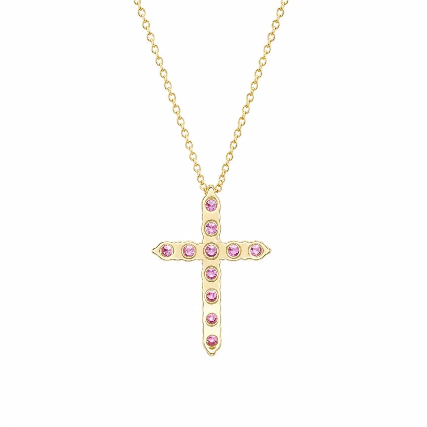 Cross Necklace With Sapphire Stones For Girls, Pink Sapphire Cross Necklace 14K Solid Gold, Pink Sapphire Cross Pendant Gift for Girls