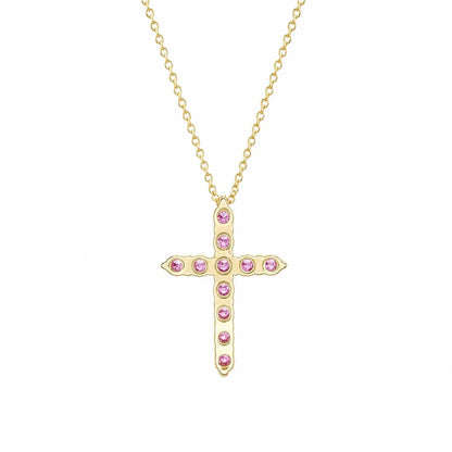 Cross Necklace With Sapphire Stones For Girls, Pink Sapphire Cross Necklace 14K Solid Gold, Pink Sapphire Cross Pendant Gift for Girls