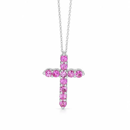 Cross Necklace With Sapphire Stones For Girls, Pink Sapphire Cross Necklace 14K Solid Gold, Pink Sapphire Cross Pendant Gift for Girls
