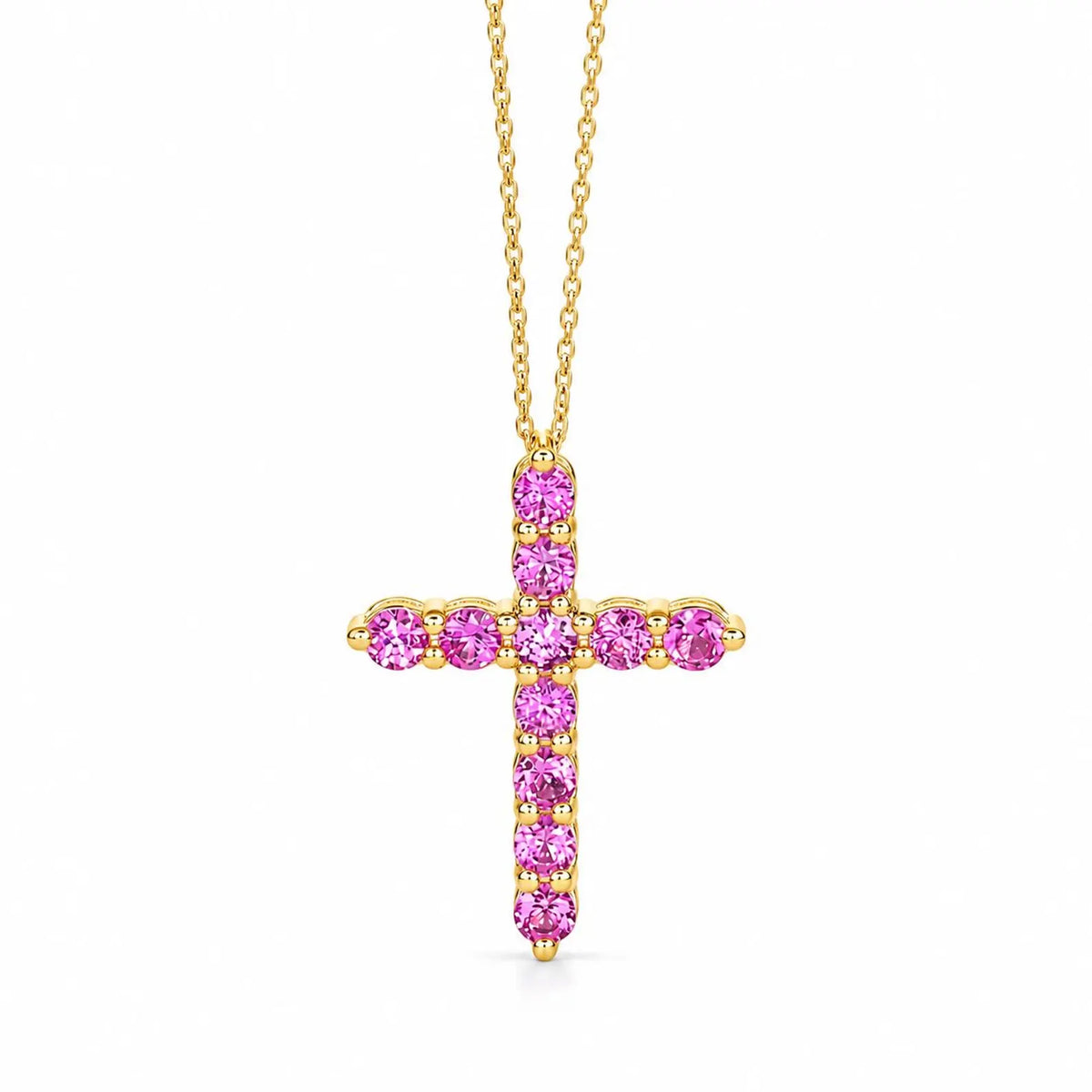 Cross Necklace With Sapphire Stones For Girls, Pink Sapphire Cross Necklace 14K Solid Gold, Pink Sapphire Cross Pendant Gift for Girls