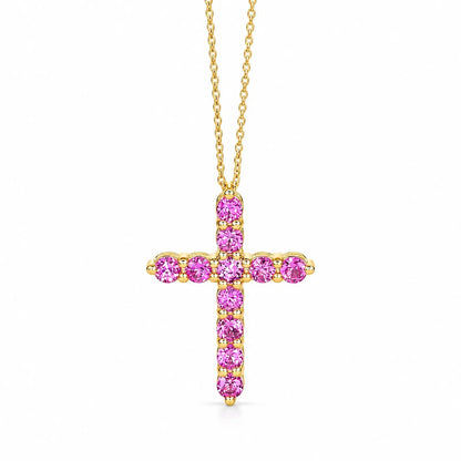 Cross Necklace With Sapphire Stones For Girls, Pink Sapphire Cross Necklace 14K Solid Gold, Pink Sapphire Cross Pendant Gift for Girls