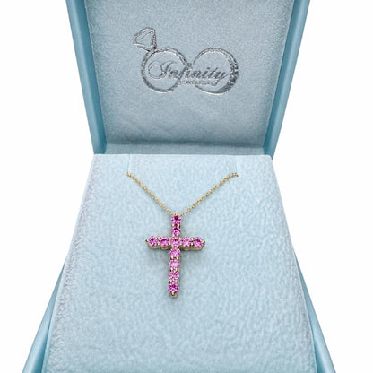 Cross Necklace With Sapphire Stones For Girls, Pink Sapphire Cross Necklace 14K Solid Gold, Pink Sapphire Cross Pendant Gift for Girls