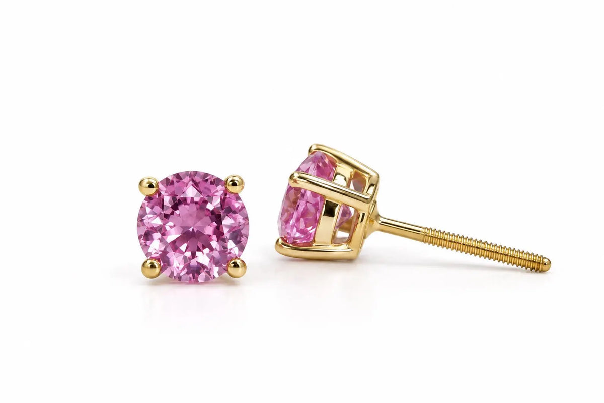 Pink Sapphire Earrings, Round Brilliant Stud Earrings,  1.00ctw. Earrings, Birthstone Earrings, 14K White Gold,  #6435