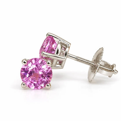 Pink Sapphire Earrings, Round Brilliant Stud Earrings,  1.00ctw. Earrings, Birthstone Earrings, 14K White Gold,  #6435