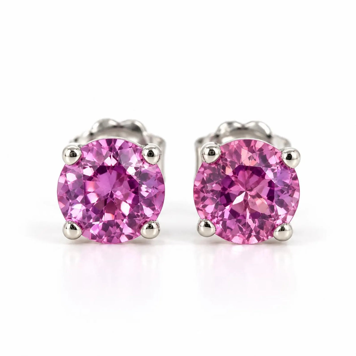 Pink Sapphire Earrings, Round Brilliant Stud Earrings,  1.00ctw. Earrings, Birthstone Earrings, 14K White Gold,  #6435