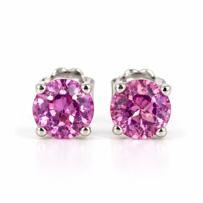 Pink Sapphire Earrings, Round Brilliant Stud Earrings,  1.00ctw. Earrings, Birthstone Earrings, 14K White Gold,  #6435