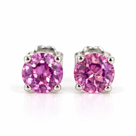 Pink Sapphire Earrings, Round Brilliant Stud Earrings,  1.00ctw. Earrings, Birthstone Earrings, 14K White Gold,  #6435
