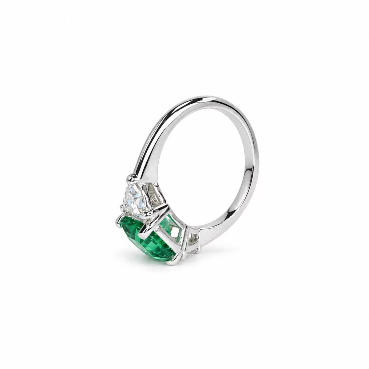 Asscher Cut Emerald And Trillion Moissanite Accents Engagement Ring, 14K White Gold Emerald And Moissanite Three Stone Wedding Ring