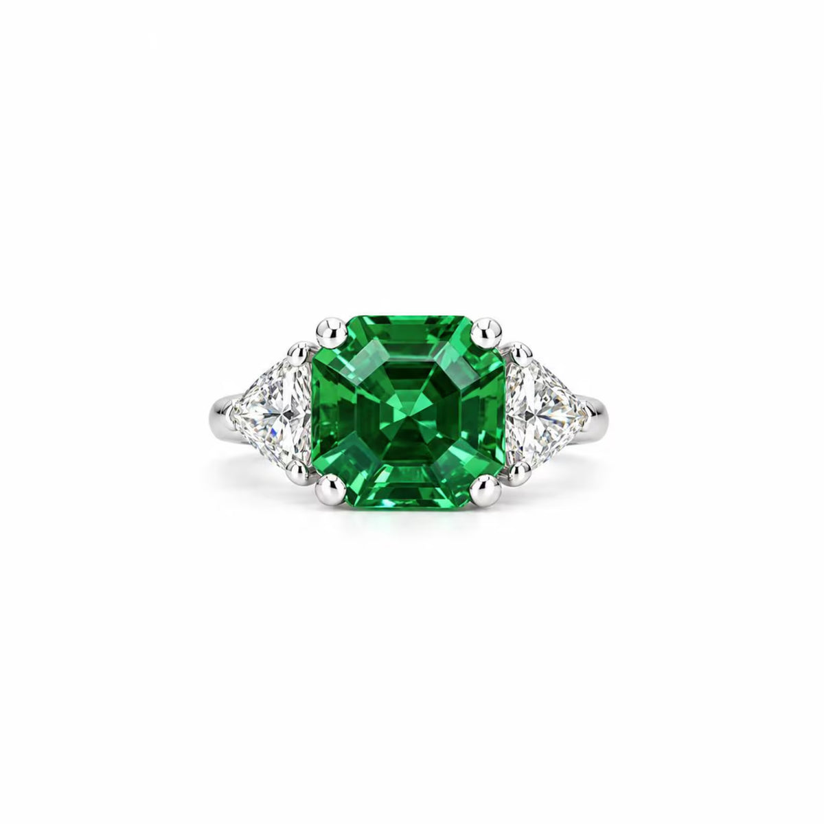 Asscher Cut Emerald And Trillion Moissanite Accents Engagement Ring, 14K White Gold Emerald And Moissanite Three Stone Wedding Ring