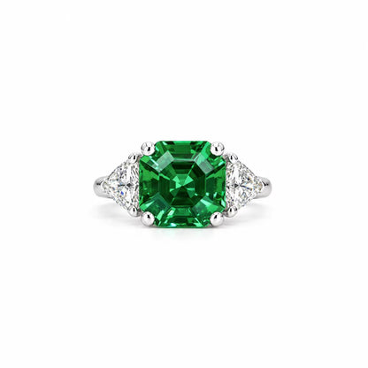 Asscher Cut Emerald And Trillion Moissanite Accents Engagement Ring, 14K White Gold Emerald And Moissanite Three Stone Wedding Ring