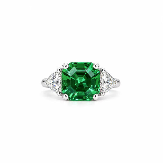 Asscher Cut Emerald And Trillion Moissanite Accents Engagement Ring, 14K White Gold Emerald And Moissanite Three Stone Wedding Ring