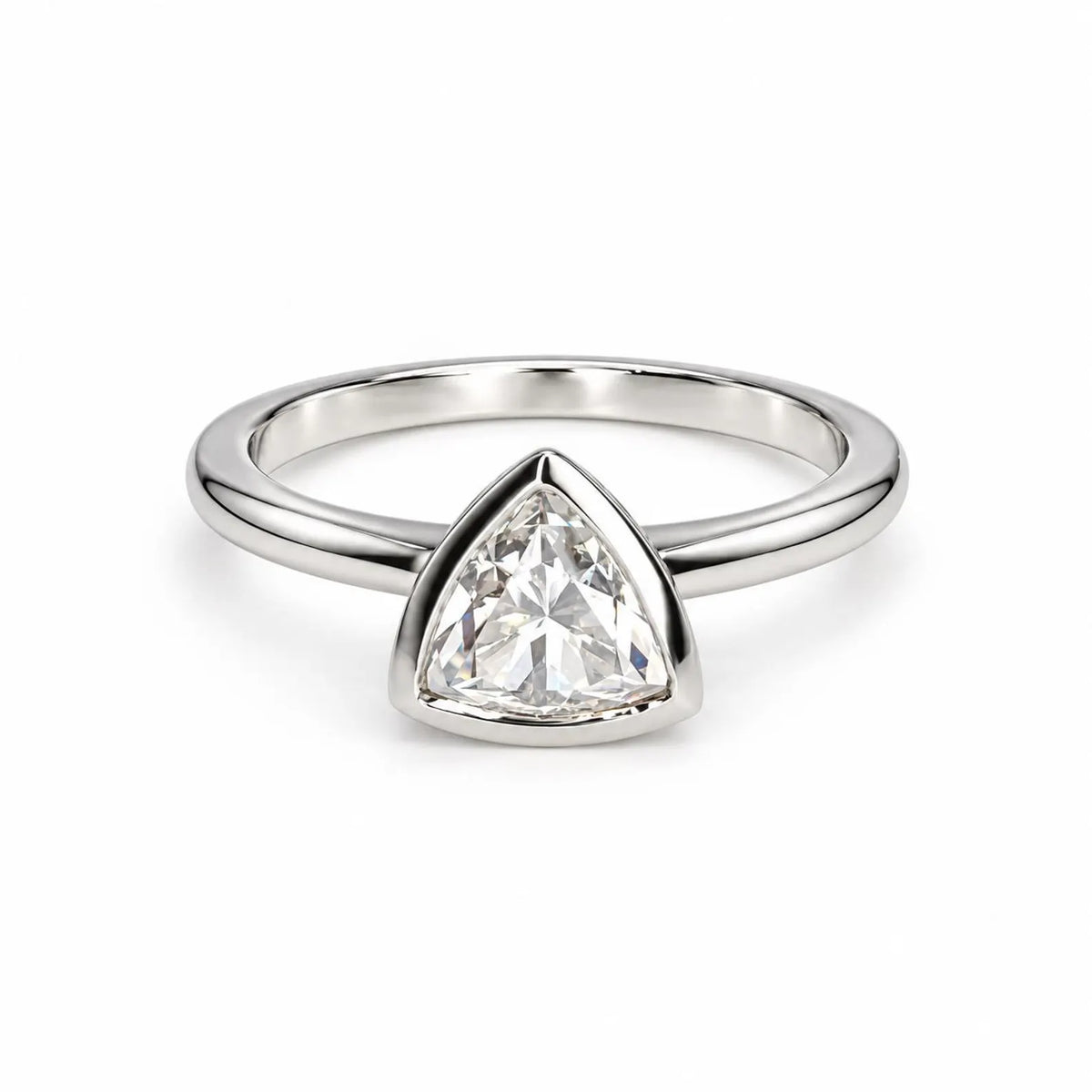 Bezel Set Moissanite Engagement Ring | Trillion Cut Moissanite Wedding Ring | Unique Bezel Set Solitaire 14K Solid White/Yellow Gold | #8085