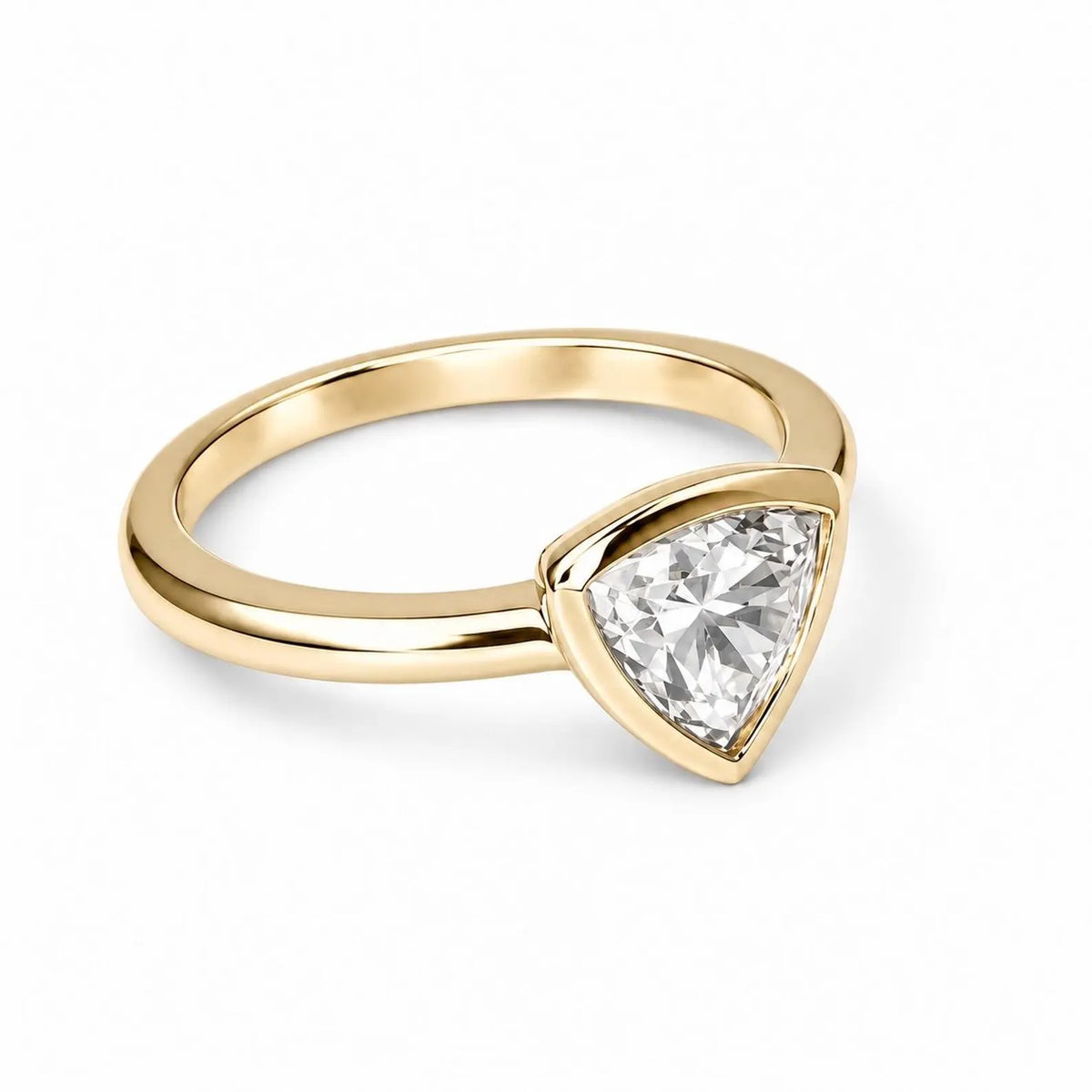 Bezel Set Moissanite Engagement Ring | Trillion Cut Moissanite Wedding Ring | Unique Bezel Set Solitaire 14K Solid White/Yellow Gold | #8085