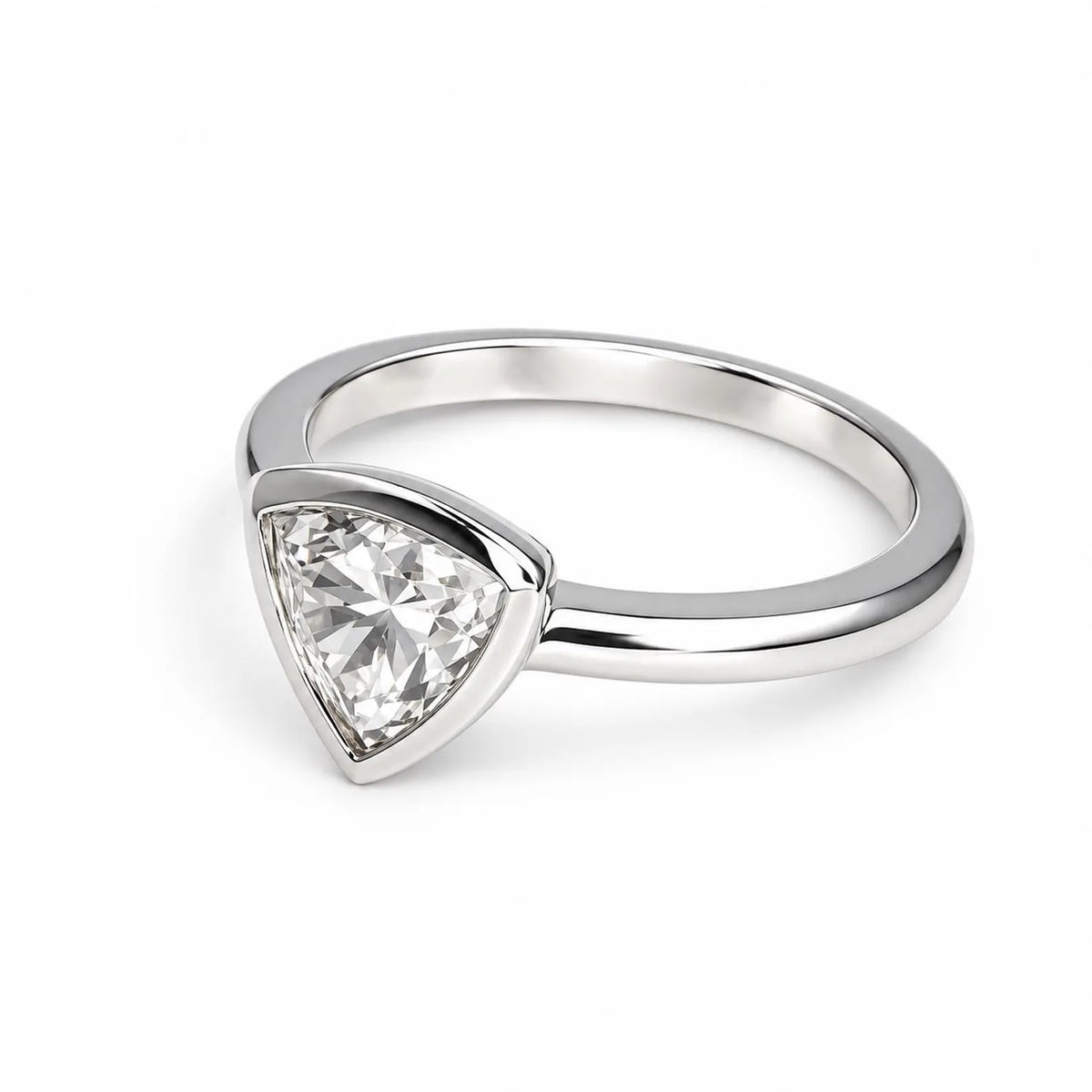 Bezel Set Moissanite Engagement Ring | Trillion Cut Moissanite Wedding Ring | Unique Bezel Set Solitaire 14K Solid White/Yellow Gold | #8085