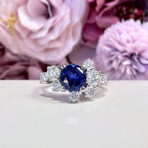 Blue Sapphire and Lab Diamond Geometric Ring 14K Solid Gold, Blue Sapphire Cluster Ring September Birthstone #8800