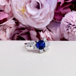 Blue Sapphire and Lab Diamond Geometric Ring 14K Solid Gold, Blue Sapphire Cluster Ring September Birthstone #8800