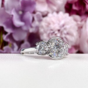 Lab Grown Diamond Engagement Ring Bezel Set , Round Lab Diamond Three Stone Bezel Set Engagement Ring , Trendy Bezel Set Diamond Ring #8814