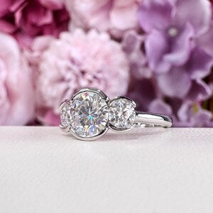 Lab Grown Diamond Engagement Ring Bezel Set , Round Lab Diamond Three Stone Bezel Set Engagement Ring , Trendy Bezel Set Diamond Ring #8814