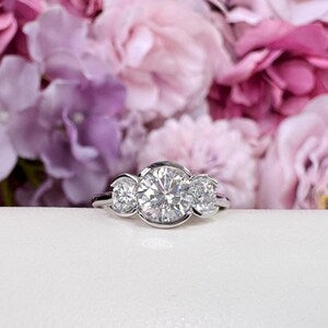 Lab Grown Diamond Engagement Ring Bezel Set , Round Lab Diamond Three Stone Bezel Set Engagement Ring , Trendy Bezel Set Diamond Ring #8814