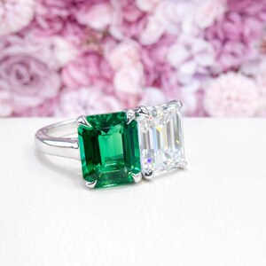 Toi Et Moi Ring Emerlad Cut Engagement Ring 14K Solid Gold Unique Two Stone Wedding Promise Anniversary Ring Two Stone Ring #8835