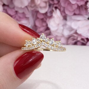 Chevron Lab Diamond Ring 14K Solid Gold , Matching Wedding Band , Unique Lab Grown Diamond Crown Stacking Ring , Ladies Pinky Ring #8838