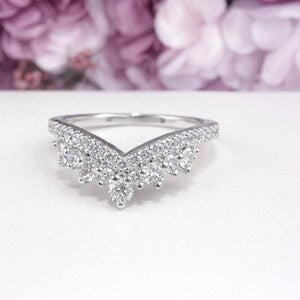 Chevron Lab Diamond Ring 14K Solid Gold , Matching Wedding Band , Unique Lab Grown Diamond Crown Stacking Ring , Ladies Pinky Ring #8838