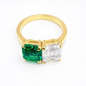 Toi Et Moi Ring Emerlad Cut Engagement Ring 14K Solid Gold Unique Two Stone Wedding Promise Anniversary Ring Two Stone Ring #8835